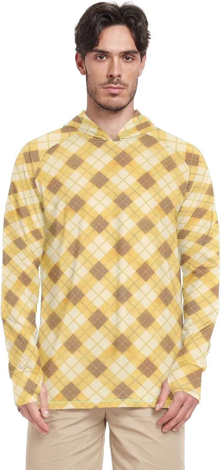 Plaid Honey Gold Men's Sun Protection Hoodie Long Sleeve Fishing Shirt UPF 50  Cooling Hoodies UV Hooded Rash Guard