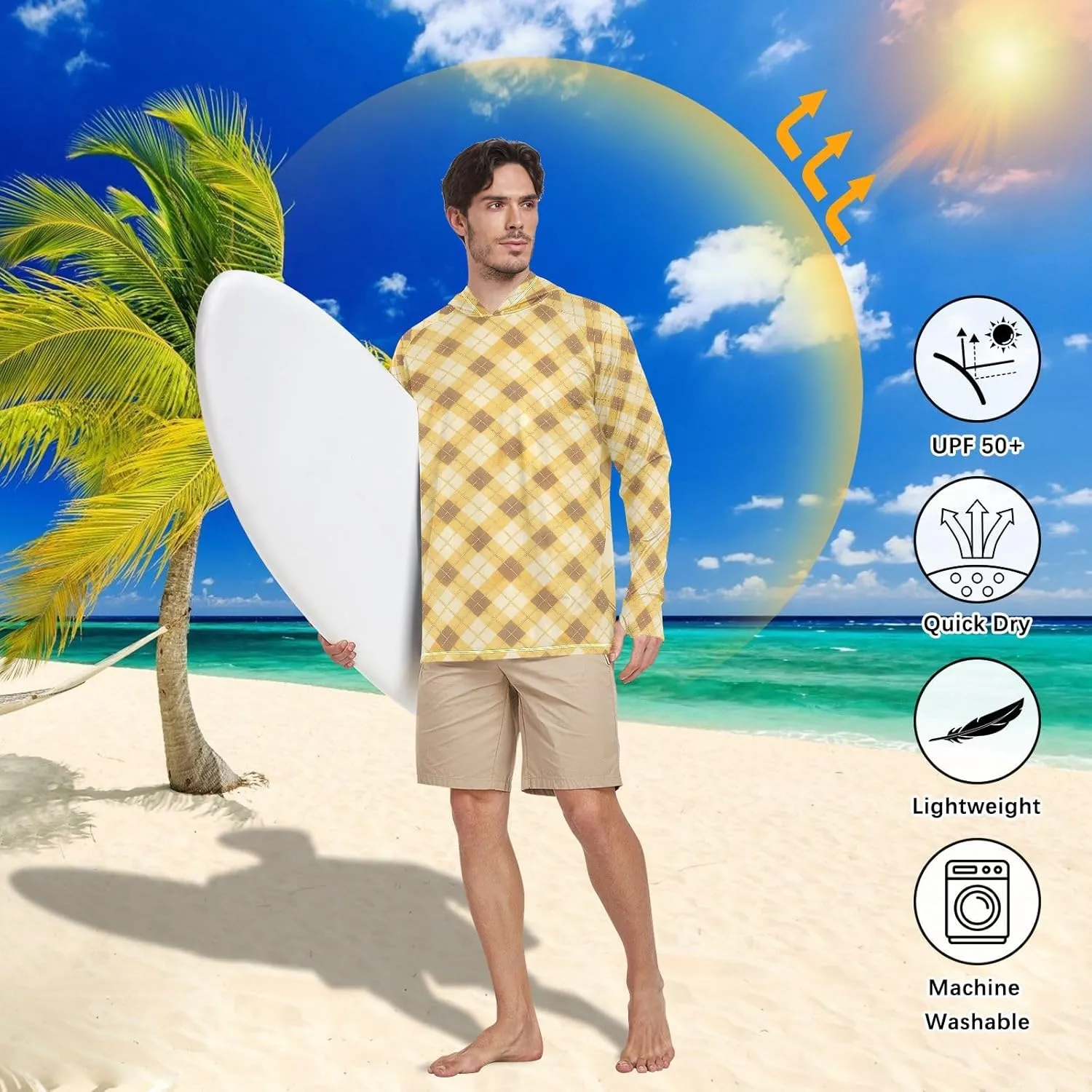 Plaid Honey Gold Men's Sun Protection Hoodie Long Sleeve Fishing Shirt UPF 50  Cooling Hoodies UV Hooded Rash Guard