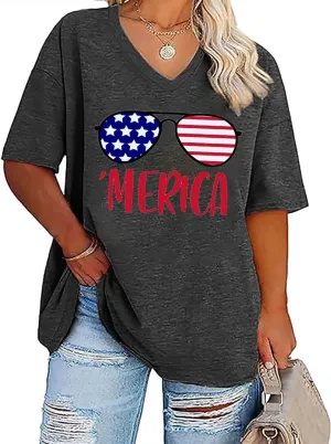 Plus Size V-Neck 4th of July T Shirt Women Distressed American Flag Graphic Tees Casual Loose Patriotic Shirts Tops