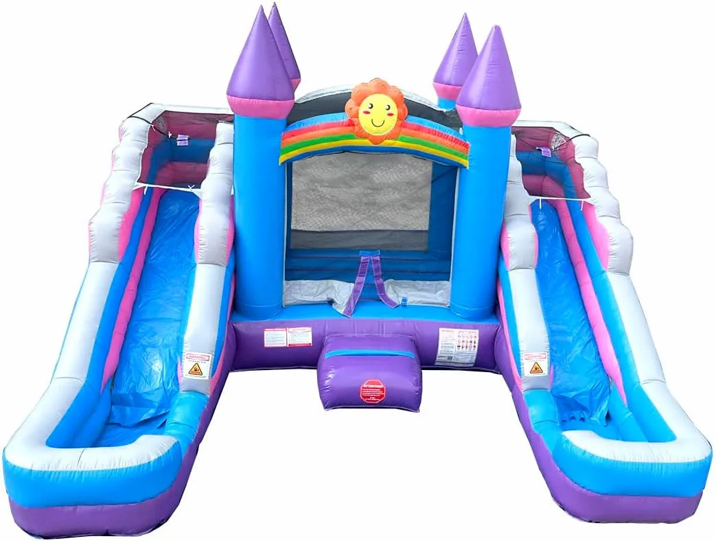 Pogo Bounce House Crossover Pink & Purple Inflatable Bounce House with Double Inflatable Water Slides for Kids, 16.5 x 15 x 11 Foot, Commercial Outdoor Party Bouncer with Blower, Stakes, Storage Bag