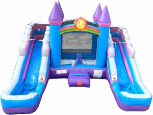 Pogo Bounce House Crossover Pink & Purple Inflatable Bounce House with Double Inflatable Water Slides for Kids, 16.5 x 15 x 11 Foot, Commercial Outdoor Party Bouncer with Blower, Stakes, Storage Bag