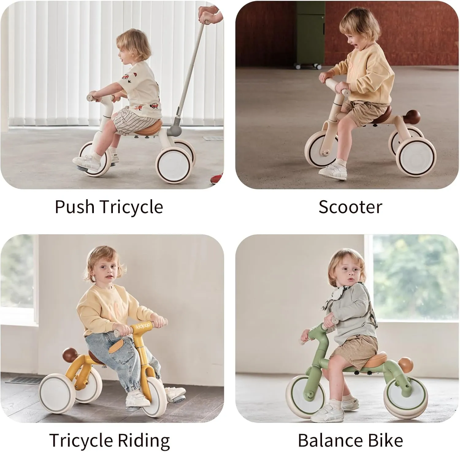 Pony 4-in-1 Kids' Tricycles Pedal Vehicles for 1-4 Push Slide Ride On Toy Balance Bike Baby Walker Stroller (Green)