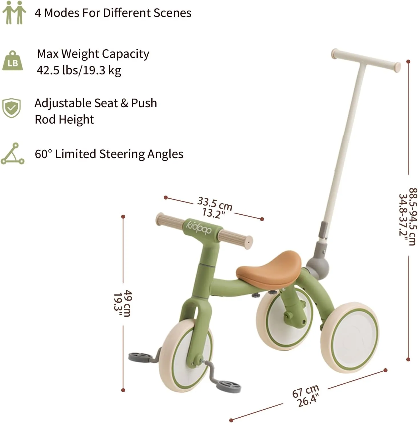 Pony 4-in-1 Kids' Tricycles Pedal Vehicles for 1-4 Push Slide Ride On Toy Balance Bike Baby Walker Stroller (Green)