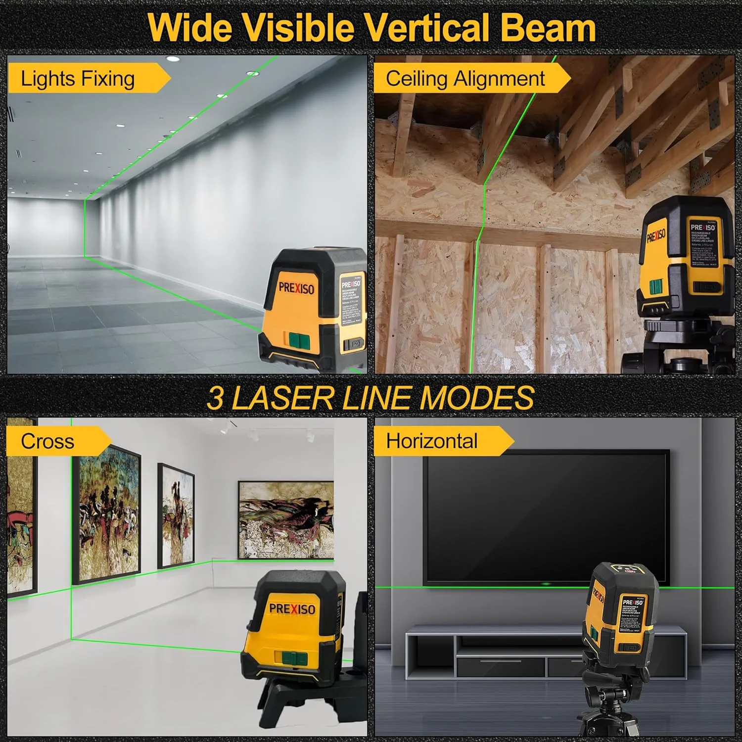 PREXISO Laser Level with Tripod - 100Ft Rechargeable Dual Modules Line Laser, Self Leveling Wide Angle Cross Leveler Tool for Construction, Floor Tile Renovation with Magnetic Base, Gift for Dad