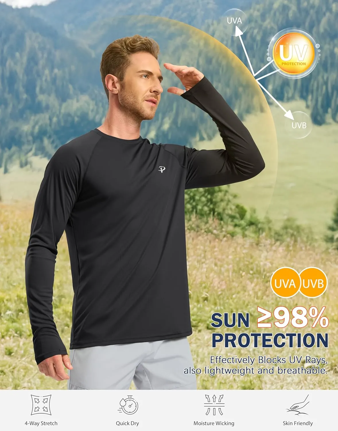 Pudolla Men's Sun Protection Shirts UV SPF UPF 50  Rash Guard Long Sleeve Lightweight Quick Dry Brethable Swimming Fishing