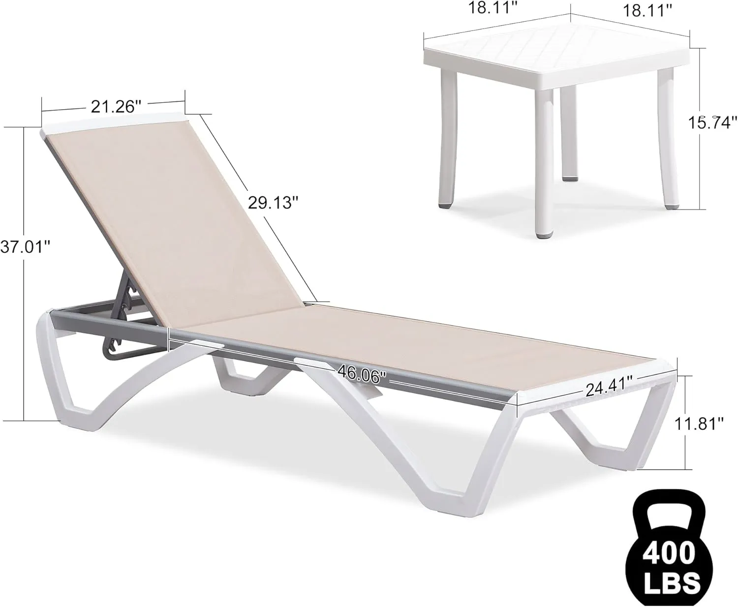 PURPLE LEAF Patio Chaise Lounge Chair Set Outside Aluminum Plastic Stackable Tanning Chairs with Side Table for Pool Sunbathing Beach Deck Outdoor Lounger, Khaki