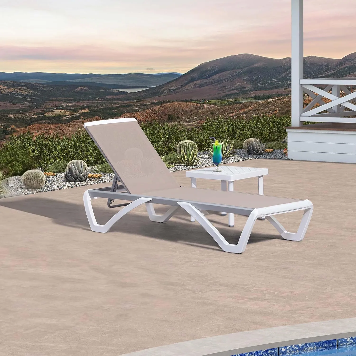PURPLE LEAF Patio Chaise Lounge Chair Set Outside Aluminum Plastic Stackable Tanning Chairs with Side Table for Pool Sunbathing Beach Deck Outdoor Lounger, Khaki