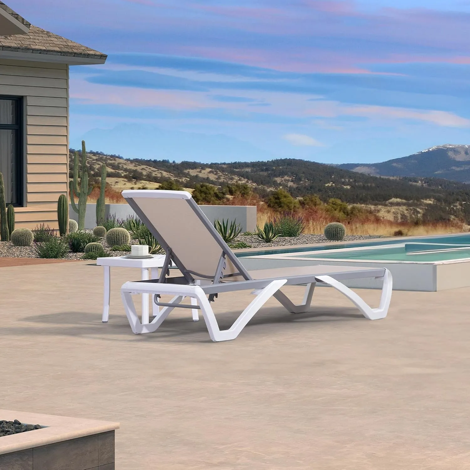 PURPLE LEAF Patio Chaise Lounge Chair Set Outside Aluminum Plastic Stackable Tanning Chairs with Side Table for Pool Sunbathing Beach Deck Outdoor Lounger, Khaki