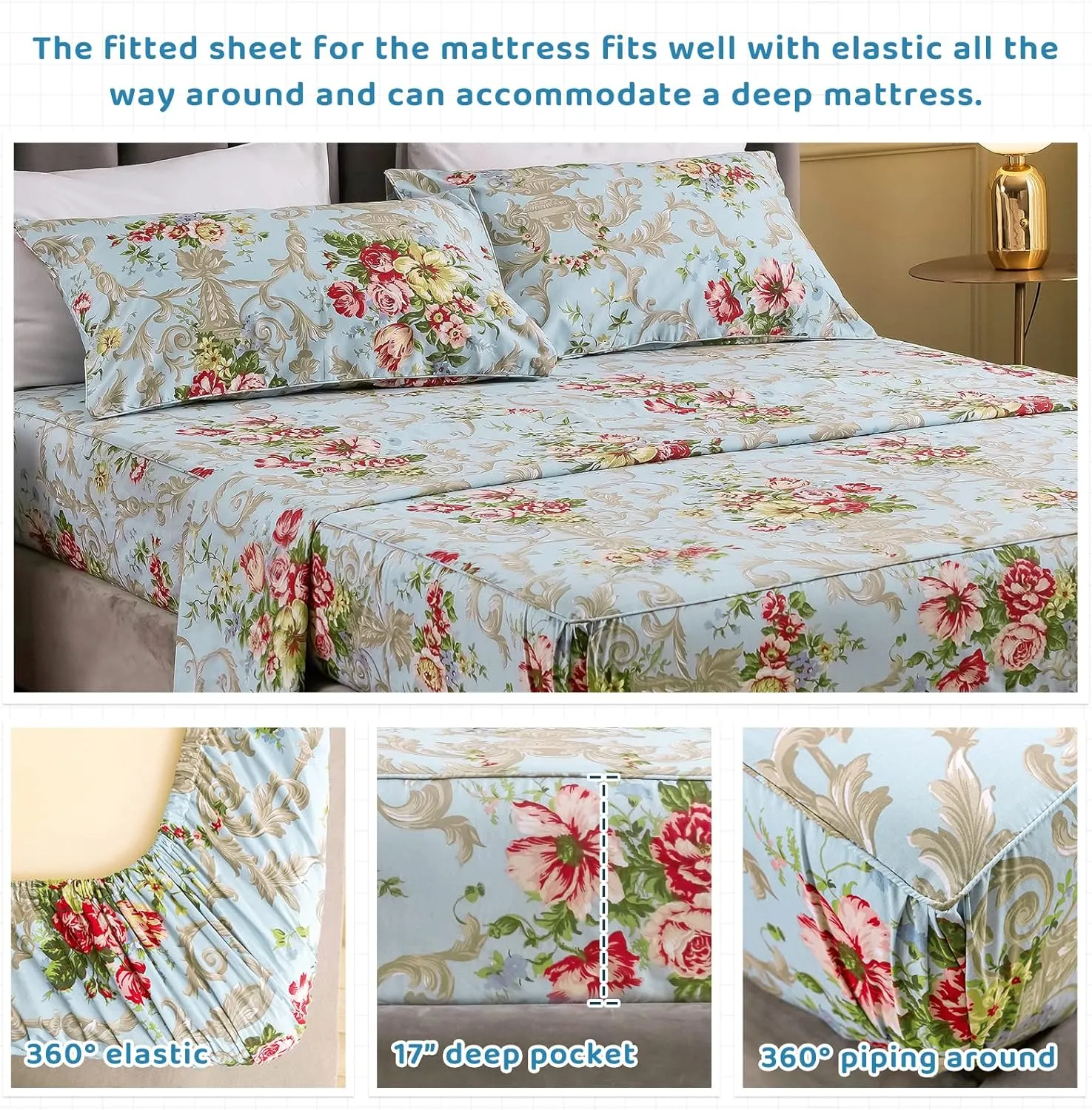 QSH Floral Queen Size Sheet Sets - Luxury Peony Flower Print Pattern Egyptian Cotton Printed Bedding Sheets Queen Size Bed Extra Soft and Breathable 4pcs Deep Pockets Bed Sheets