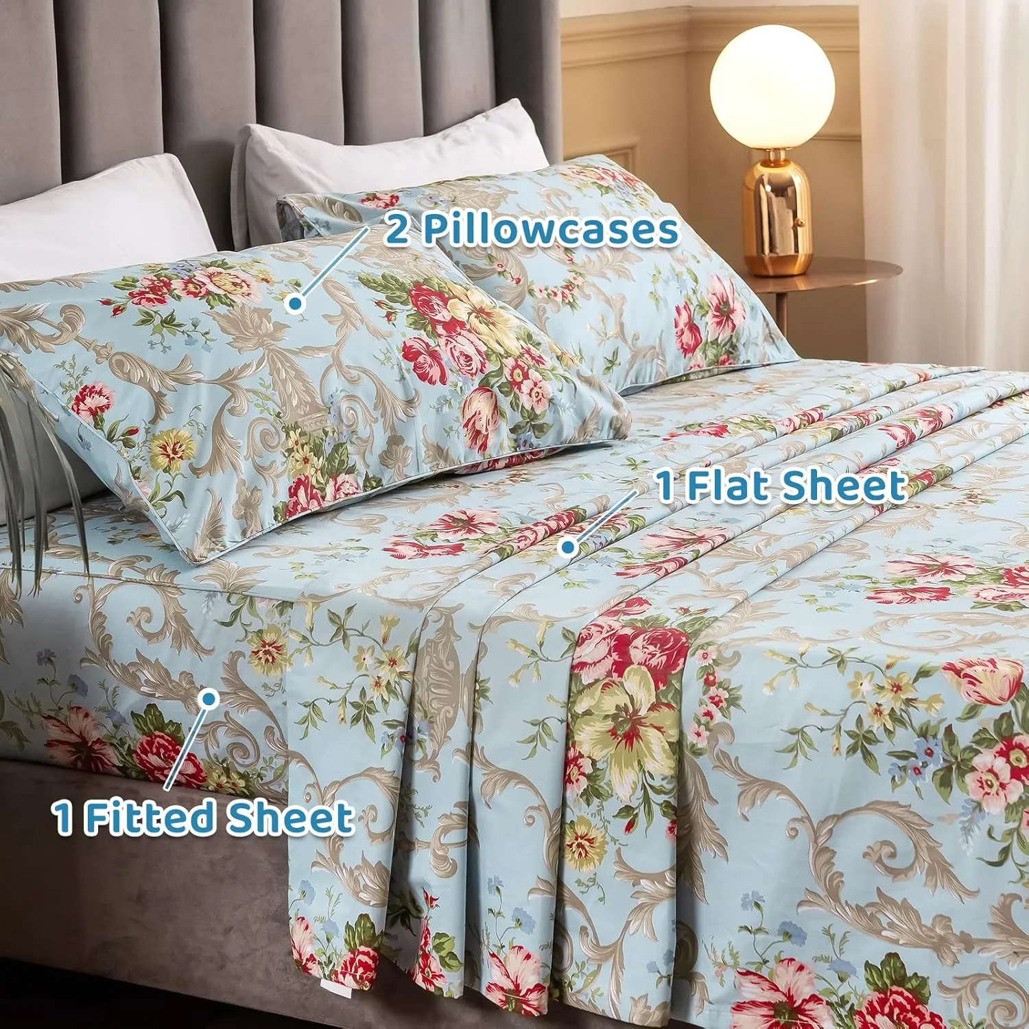 QSH Floral Queen Size Sheet Sets - Luxury Peony Flower Print Pattern Egyptian Cotton Printed Bedding Sheets Queen Size Bed Extra Soft and Breathable 4pcs Deep Pockets Bed Sheets