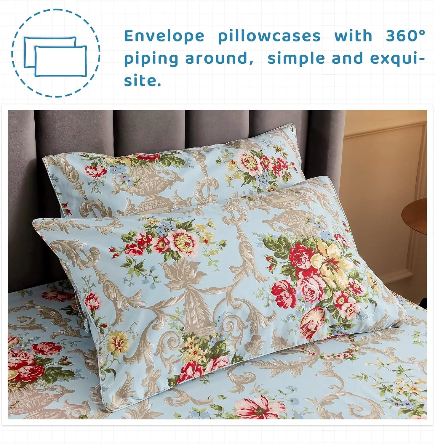 QSH Floral Queen Size Sheet Sets - Luxury Peony Flower Print Pattern Egyptian Cotton Printed Bedding Sheets Queen Size Bed Extra Soft and Breathable 4pcs Deep Pockets Bed Sheets