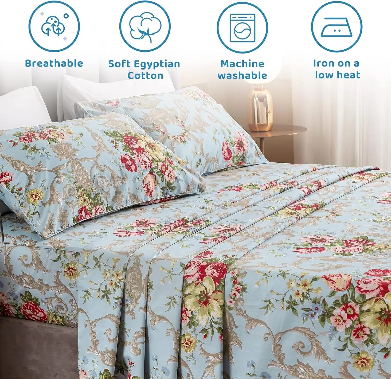 QSH Floral Queen Size Sheet Sets - Luxury Peony Flower Print Pattern Egyptian Cotton Printed Bedding Sheets Queen Size Bed Extra Soft and Breathable 4pcs Deep Pockets Bed Sheets