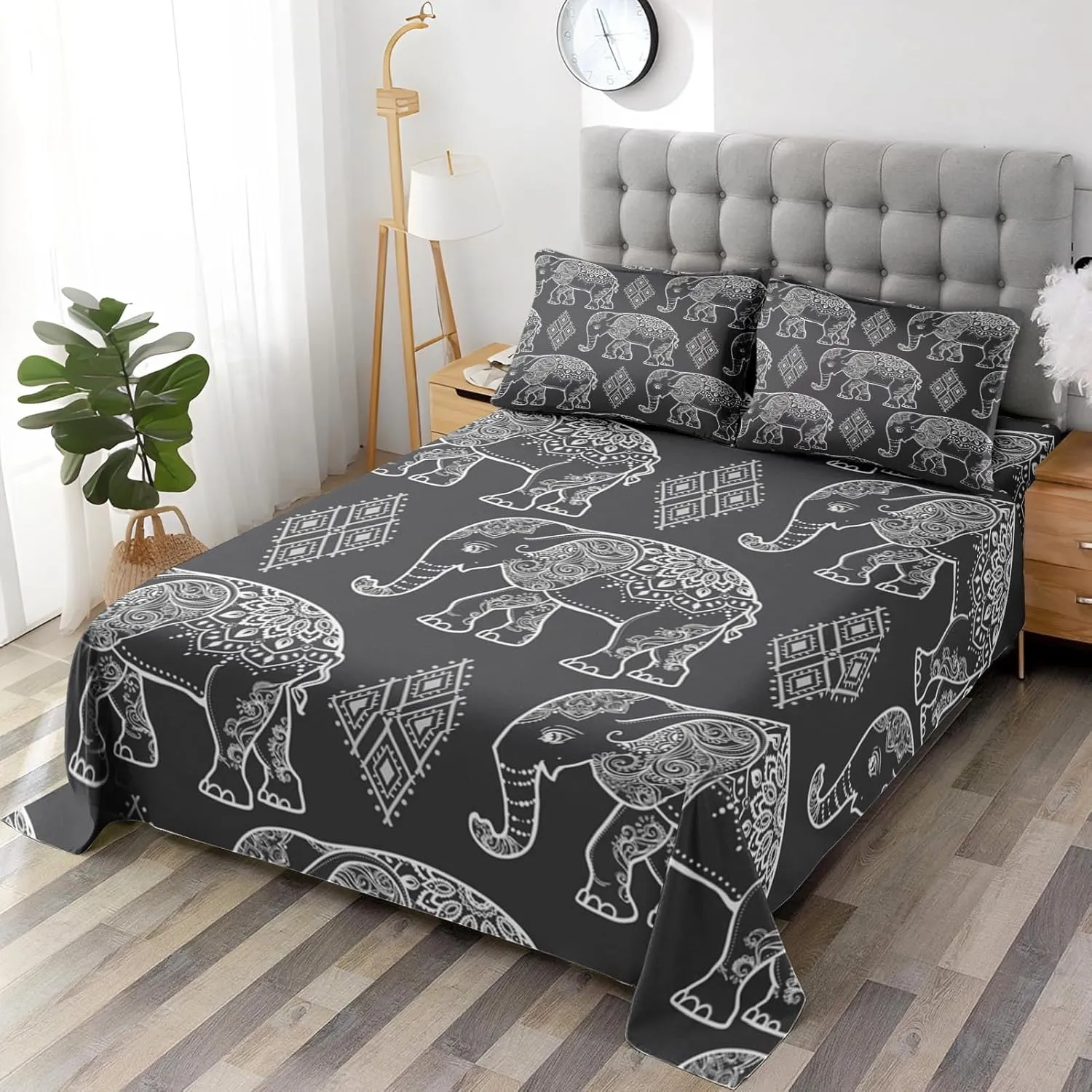 Queen Size Bed Sheet Sets, Elephant Boho Map Soft Microfiber 4 Pcs Bedding Sets for Kids and Adults Bedroom Bed Decor, Mandala Tribal Animal Flat, Fitted Sheet and 2 Pillowcases