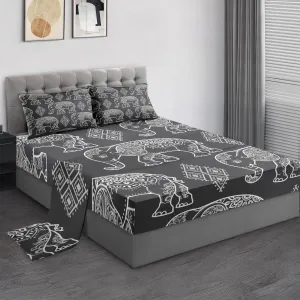 Queen Size Bed Sheet Sets, Elephant Boho Map Soft Microfiber 4 Pcs Bedding Sets for Kids and Adults Bedroom Bed Decor, Mandala Tribal Animal Flat, Fitted Sheet and 2 Pillowcases