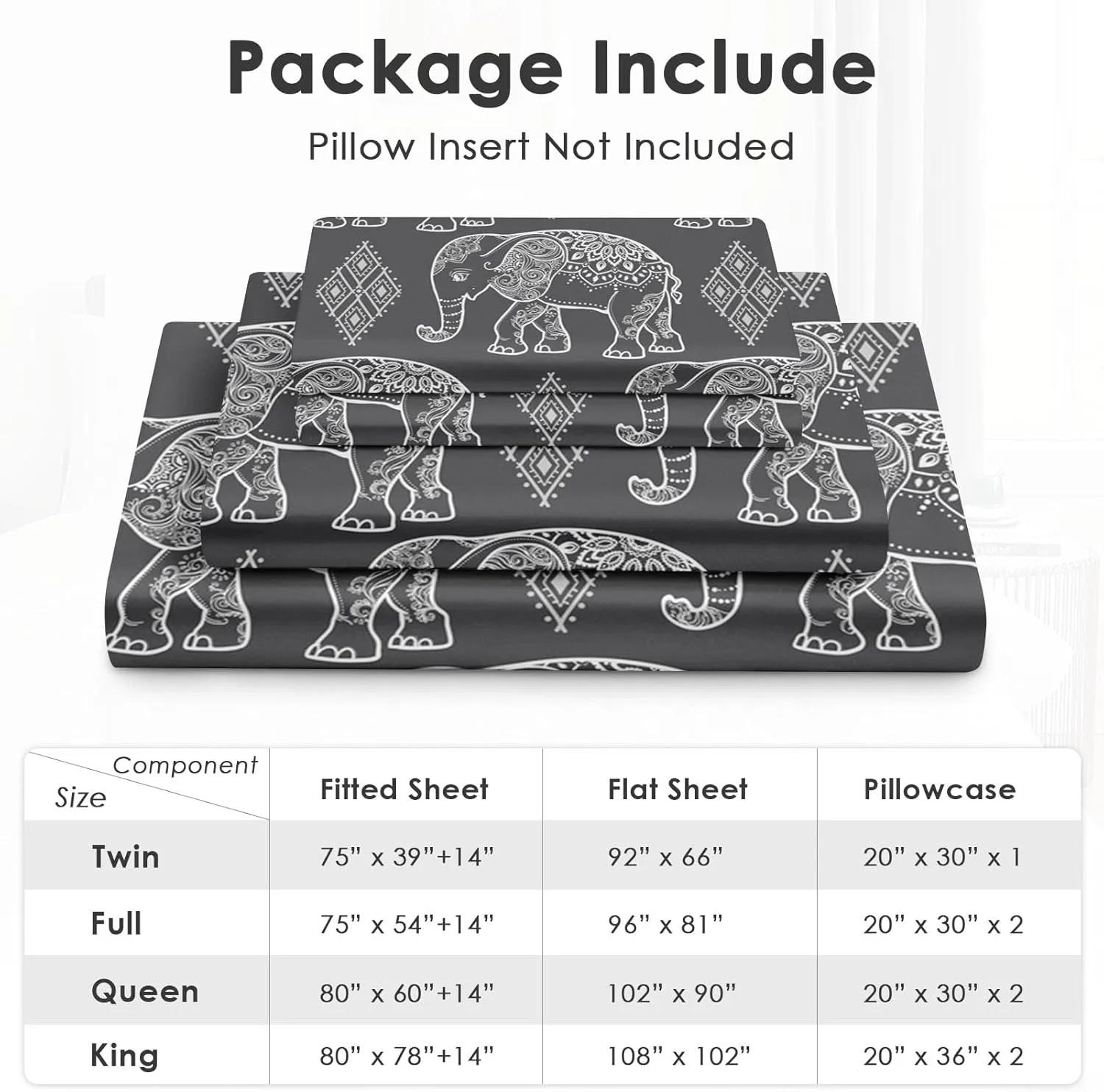 Queen Size Bed Sheet Sets, Elephant Boho Map Soft Microfiber 4 Pcs Bedding Sets for Kids and Adults Bedroom Bed Decor, Mandala Tribal Animal Flat, Fitted Sheet and 2 Pillowcases