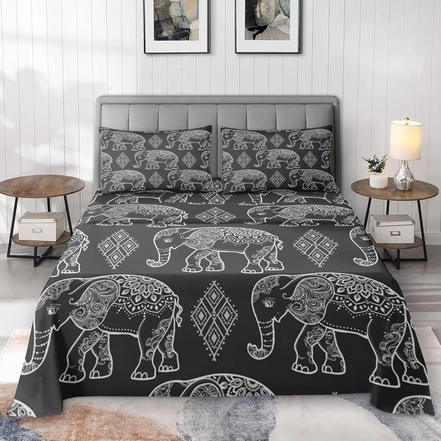Queen Size Bed Sheet Sets, Elephant Boho Map Soft Microfiber 4 Pcs Bedding Sets for Kids and Adults Bedroom Bed Decor, Mandala Tribal Animal Flat, Fitted Sheet and 2 Pillowcases