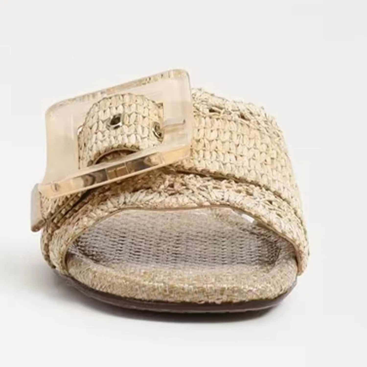 Raffia Flat Sandals for Women Woven Rattan Buckle Slide Sandals Summer Slip On Beach Sandals