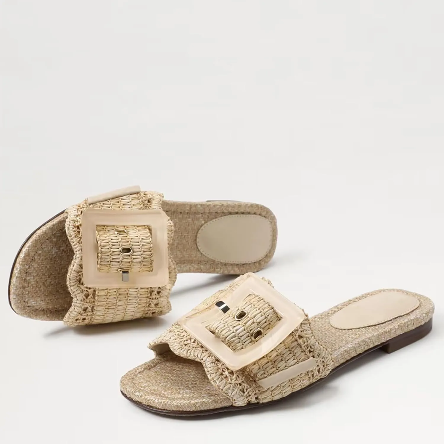 Raffia Flat Sandals for Women Woven Rattan Buckle Slide Sandals Summer Slip On Beach Sandals