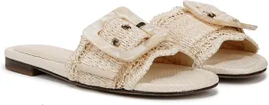 Raffia Flat Sandals for Women Woven Rattan Buckle Slide Sandals Summer Slip On Beach Sandals