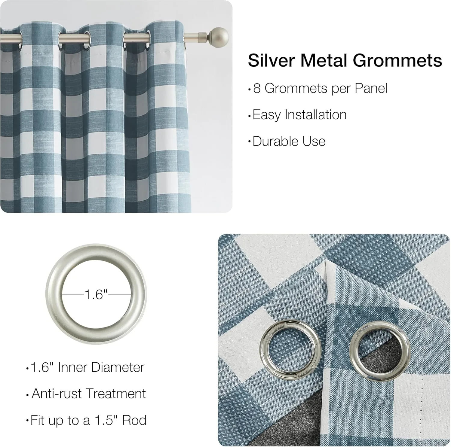 Randall Buffalo Plaid 90% Blackout Window Curtains for Bedroom & Living Room Thermal Insulated Checkered Gingham Drapes with Grommet Top, Farmhouse Rustic Room Darkening 2 Panels 52x84 Inch,Blue/White