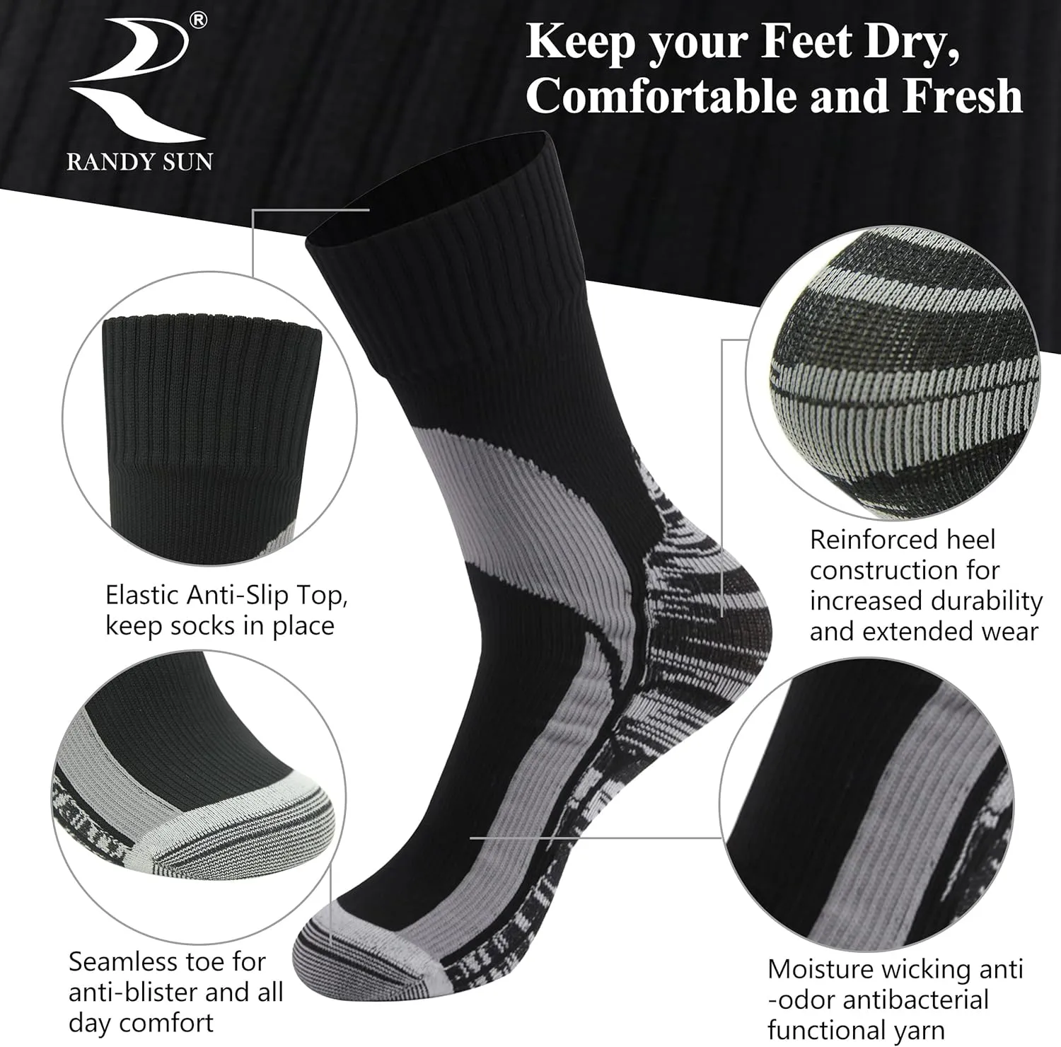 RANDY SUN Waterproof Breathable Socks, [SGS Certified] Unisex Novelty Skiing Trekking Hiking Wading Trail Socks