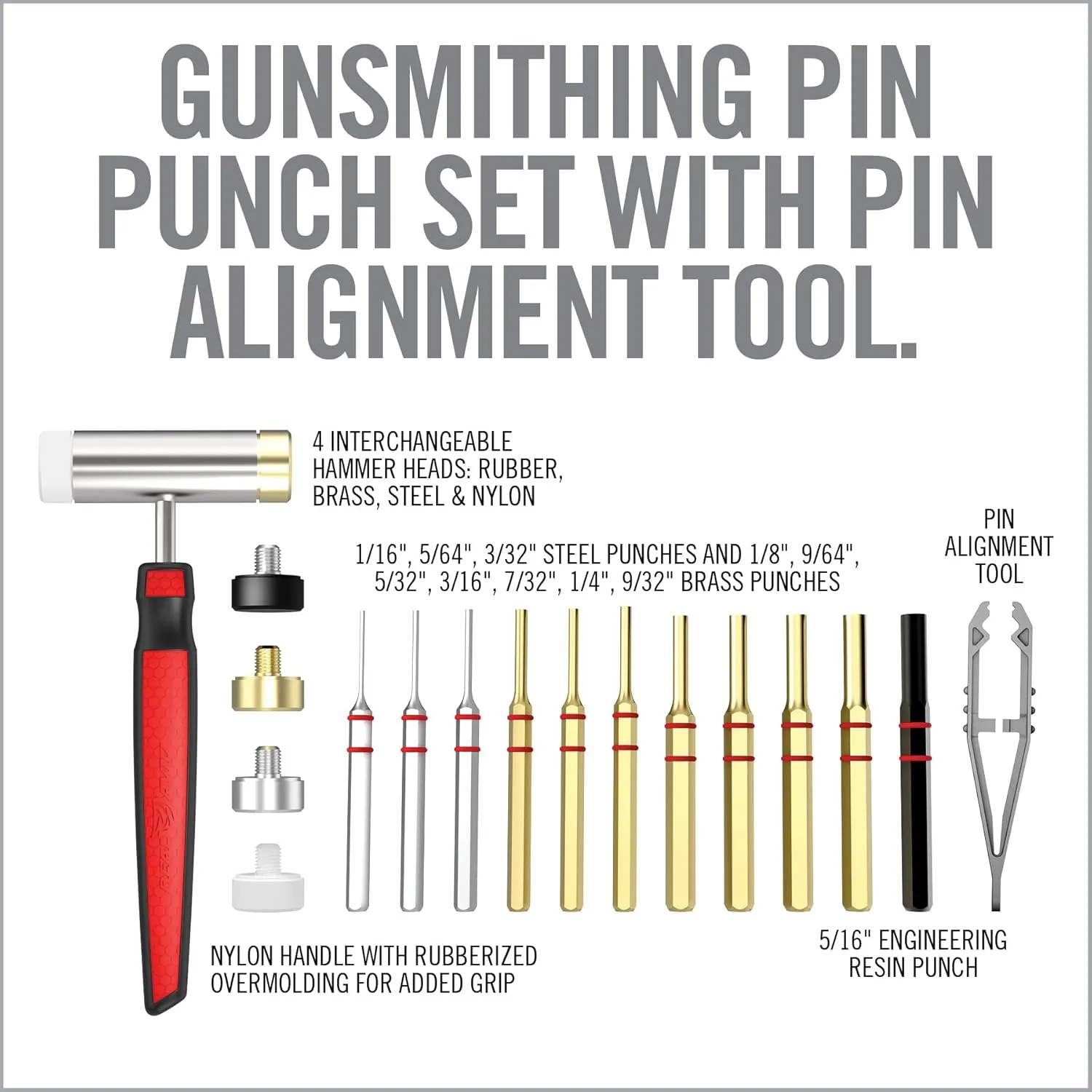 Real Avid Brass Punch Set & Hammer   Non-Slip Magnetic Bench Block | 7 Premium Brass Pin Punches & 3 Steel Punches, 4 Interchangeable Hammer Heads - Brass Steel Rubber & Nylon   Universal Bench Block