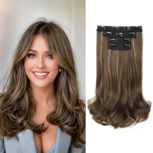 REECHO Clip-in Hair Extensions, 4PCS Lace Weft, 14" Short Wavy Hairpieces, Invisible Clip Ins, Natural Soft, Chocolate Brown with Highlights