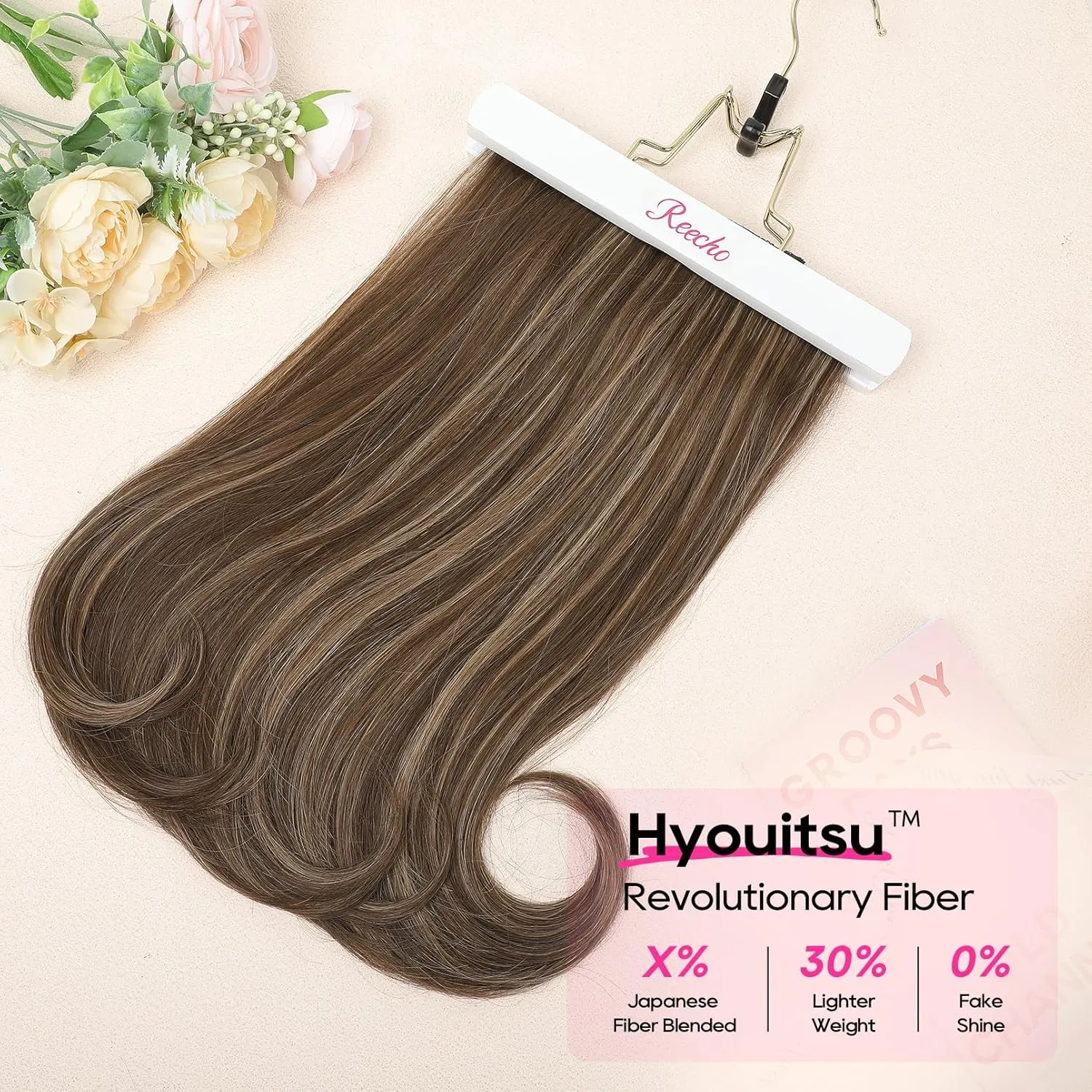 REECHO Clip-in Hair Extensions, 4PCS Lace Weft, 14" Short Wavy Hairpieces, Invisible Clip Ins, Natural Soft, Chocolate Brown with Highlights