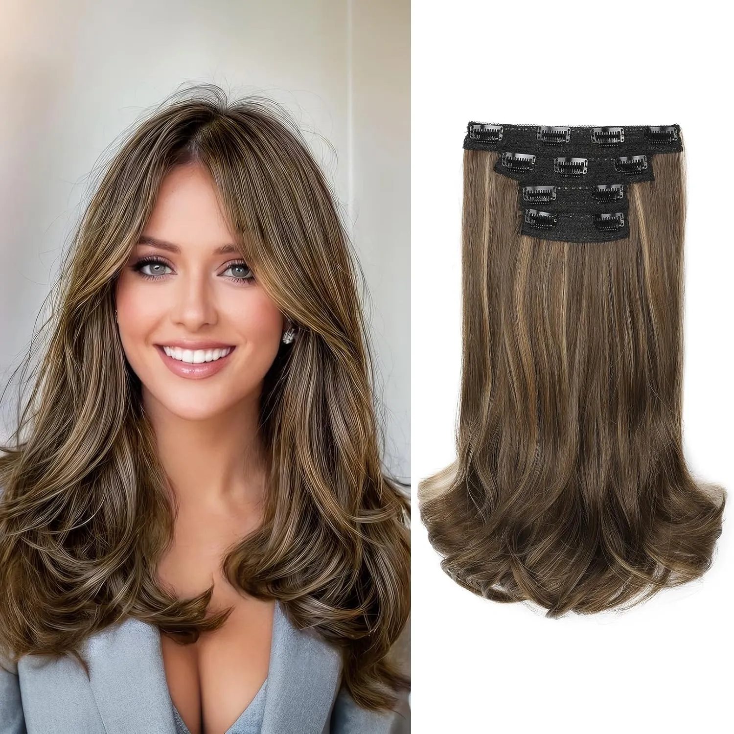 REECHO Clip-in Hair Extensions, 4PCS Lace Weft, 14" Short Wavy Hairpieces, Invisible Clip Ins, Natural Soft, Chocolate Brown with Highlights