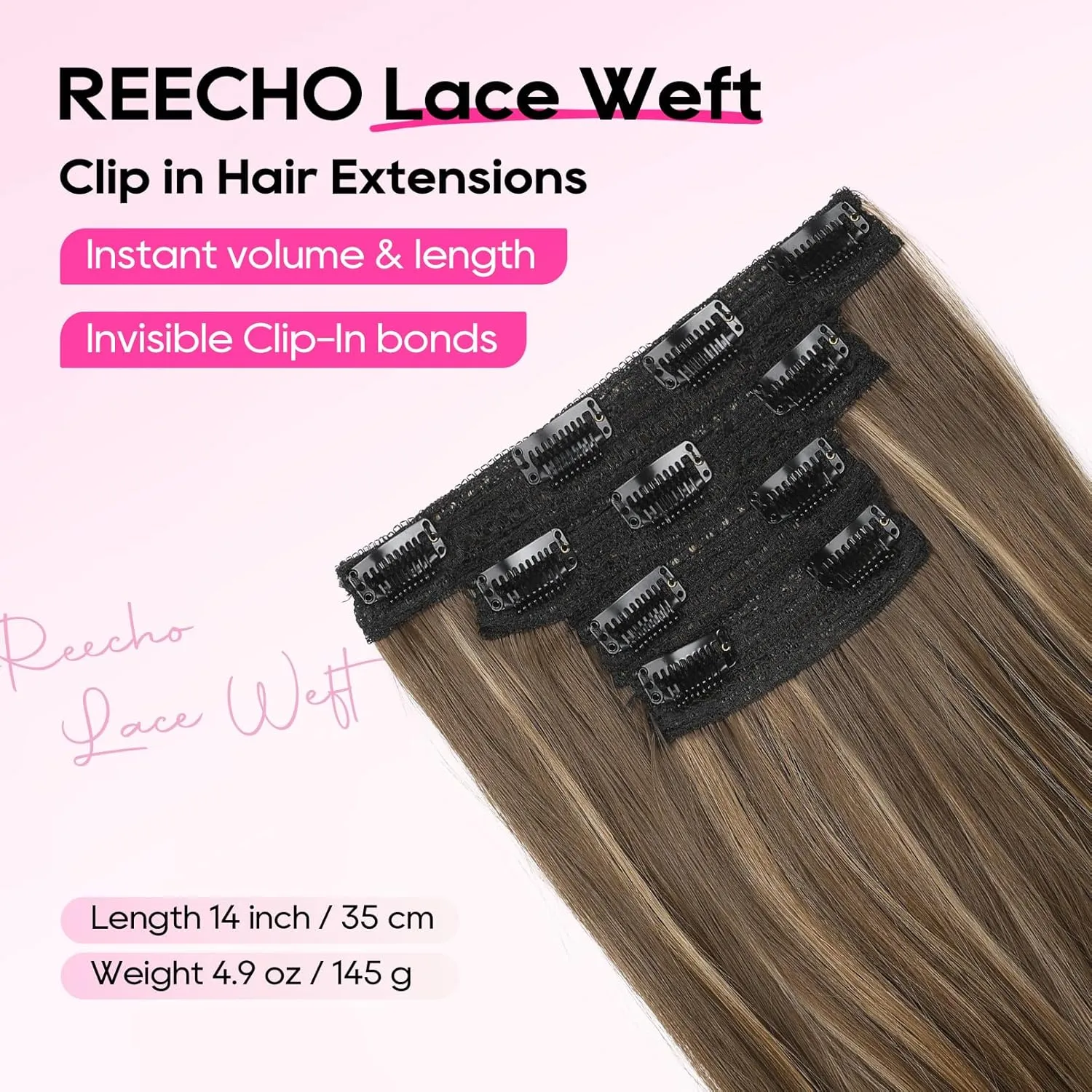 REECHO Clip-in Hair Extensions, 4PCS Lace Weft, 14" Short Wavy Hairpieces, Invisible Clip Ins, Natural Soft, Chocolate Brown with Highlights