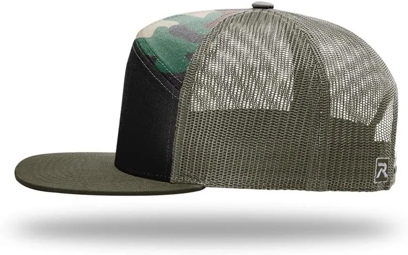 Richardson 168 Hi-Pro 7 Panel Flat Bill Adjustable Snapback Trucker Mesh Back Cap | OSFM | Bulk Pack Available