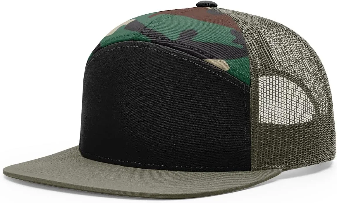 Richardson 168 Hi-Pro 7 Panel Flat Bill Adjustable Snapback Trucker Mesh Back Cap | OSFM | Bulk Pack Available