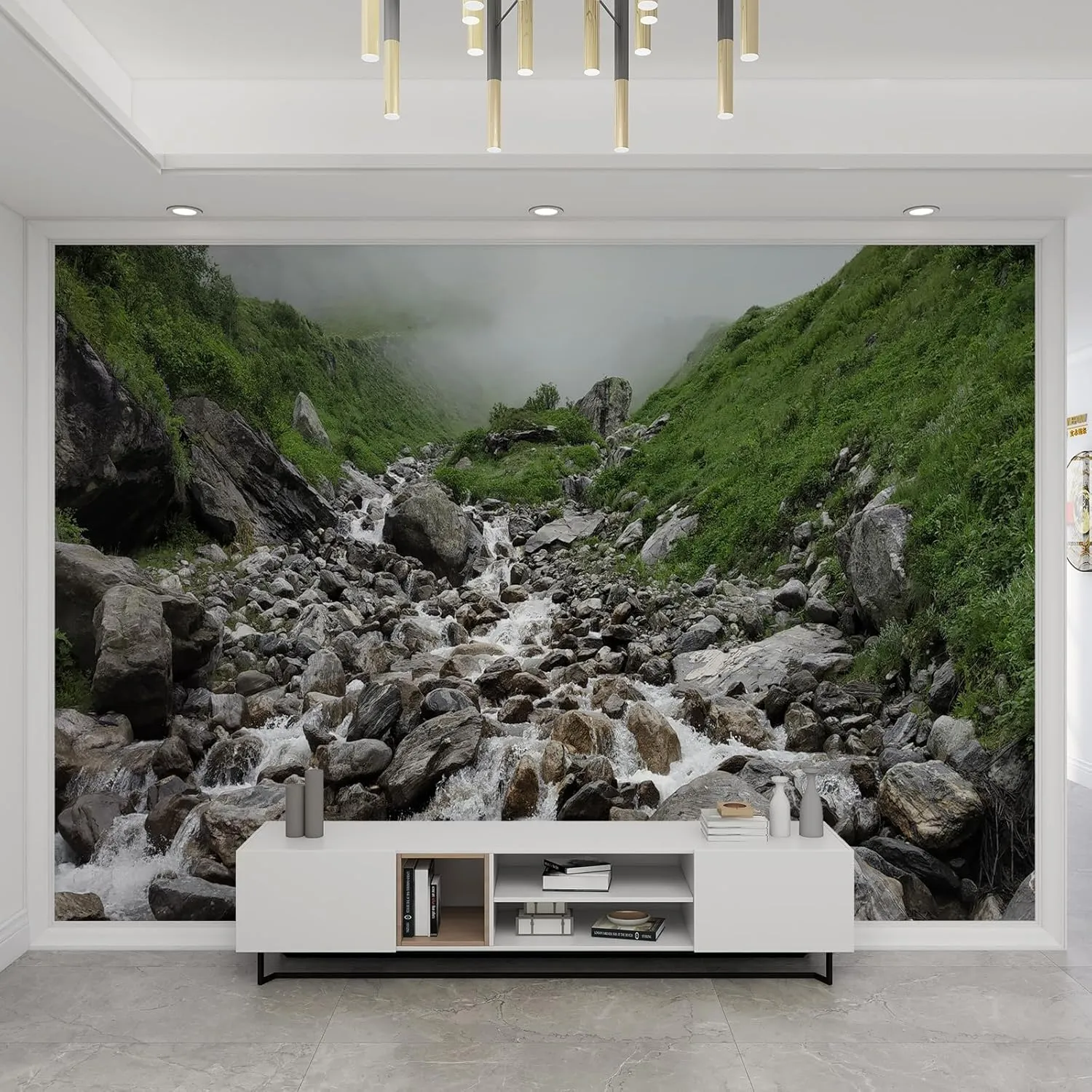 Rock Murals Green Alpine Mural Mountain Spring Waterfall Mural Murals Wallpaper Running Water Creek Wall Murals for Home Decoration Study Room - 98.5" W x 68.9" H