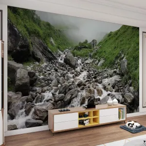 Rock Murals Green Alpine Mural Mountain Spring Waterfall Mural Murals Wallpaper Running Water Creek Wall Murals for Home Decoration Study Room - 98.5" W x 68.9" H