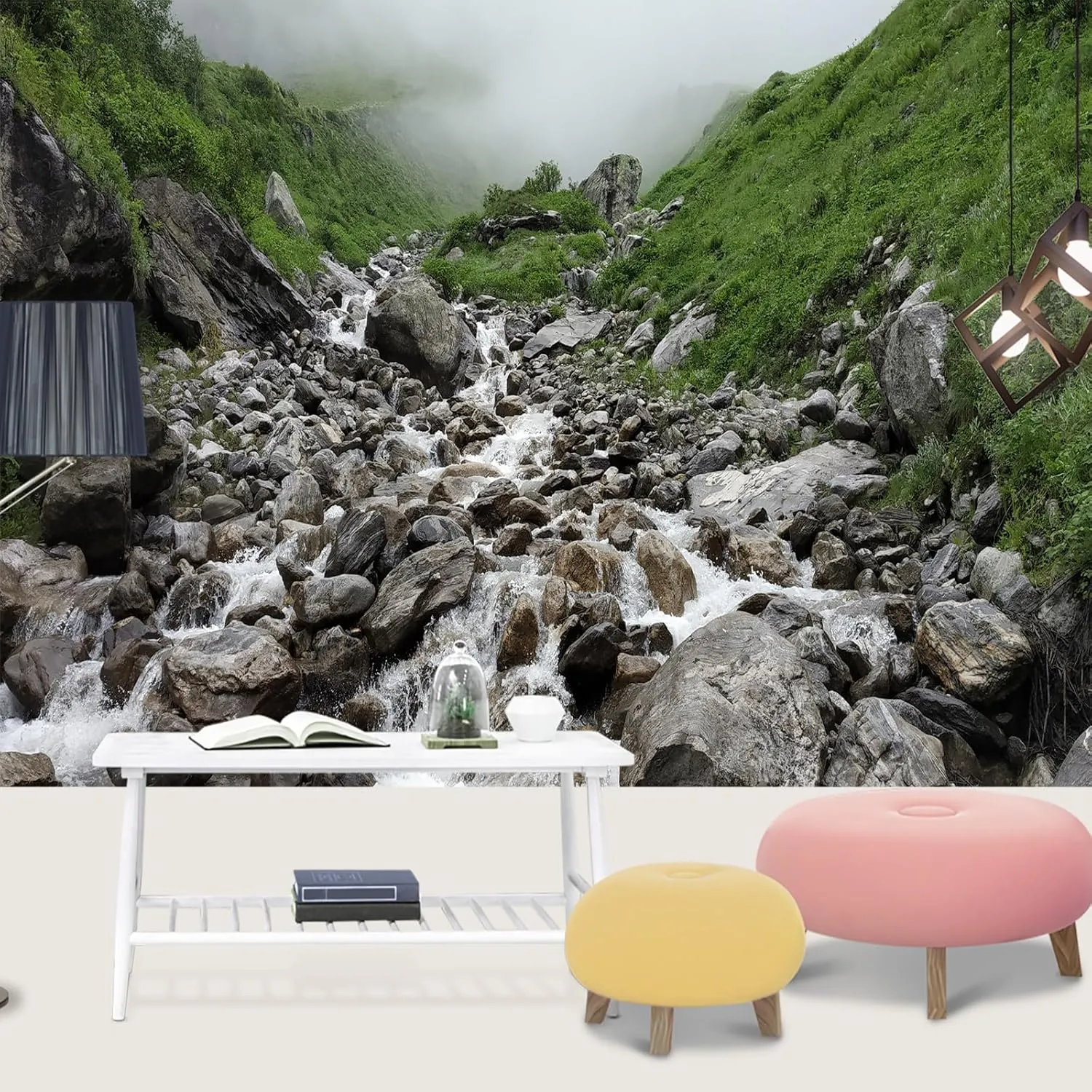 Rock Murals Green Alpine Mural Mountain Spring Waterfall Mural Murals Wallpaper Running Water Creek Wall Murals for Home Decoration Study Room - 98.5" W x 68.9" H