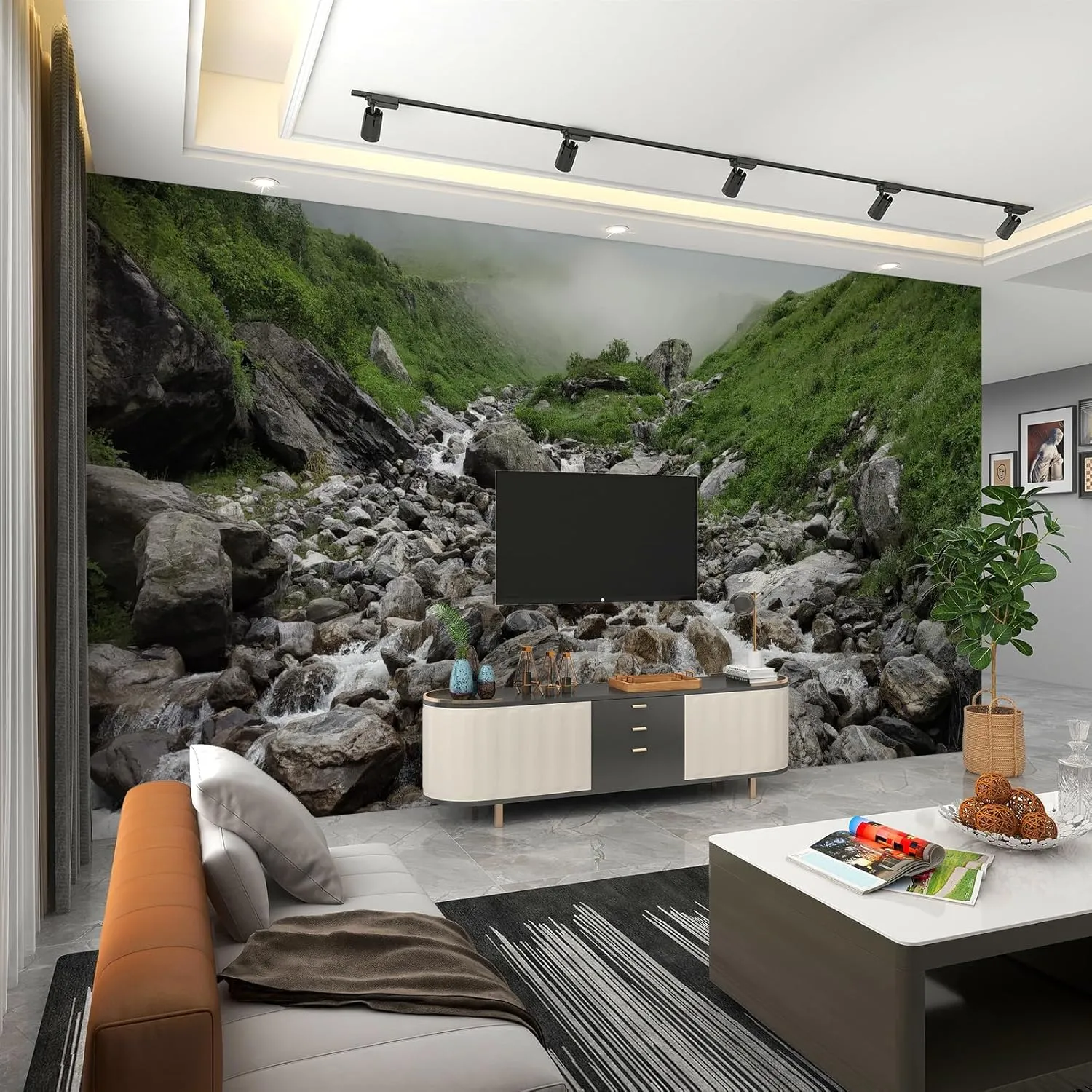 Rock Murals Green Alpine Mural Mountain Spring Waterfall Mural Murals Wallpaper Running Water Creek Wall Murals for Home Decoration Study Room - 98.5" W x 68.9" H