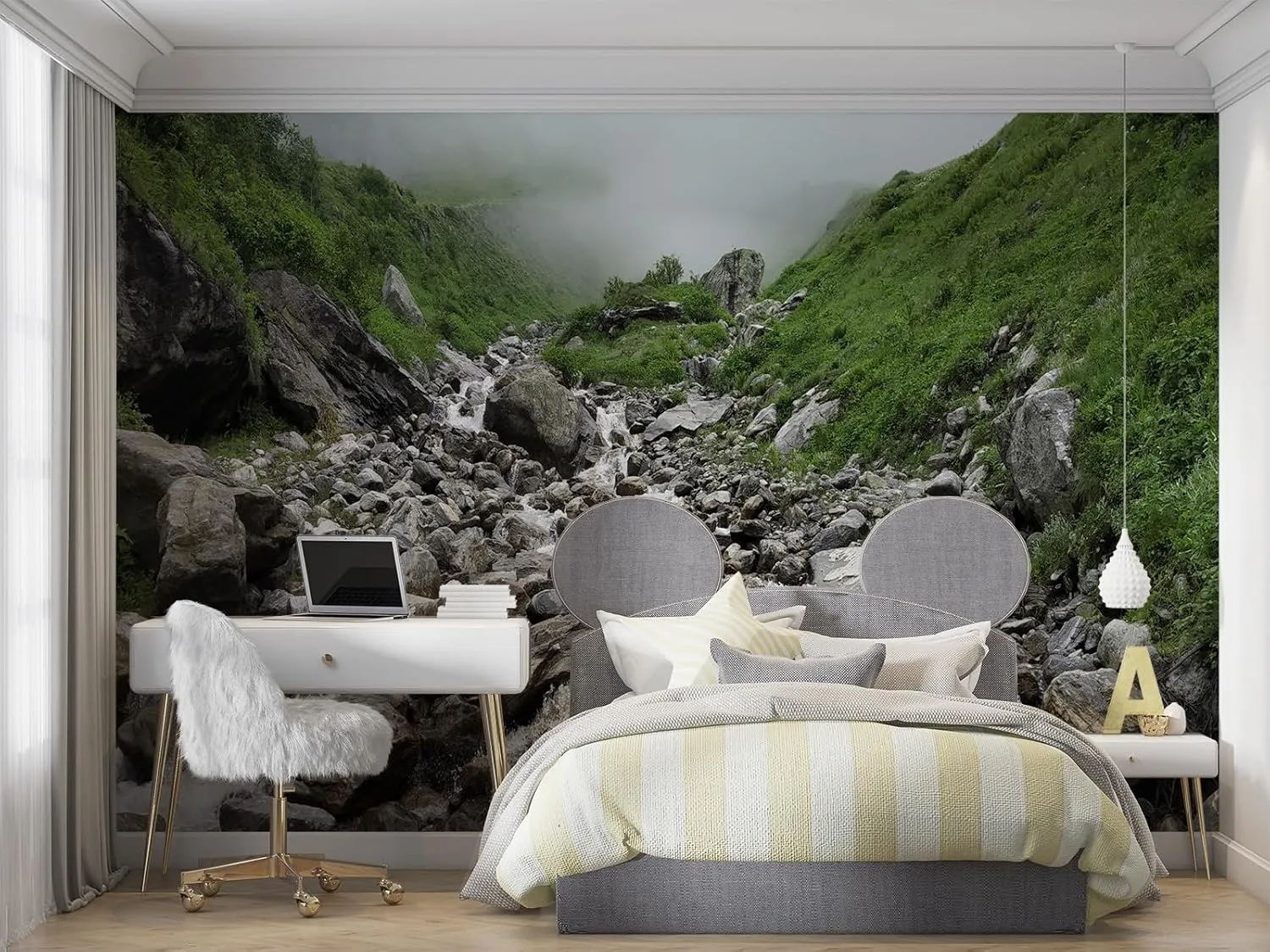 Rock Murals Green Alpine Mural Mountain Spring Waterfall Mural Murals Wallpaper Running Water Creek Wall Murals for Home Decoration Study Room - 98.5" W x 68.9" H