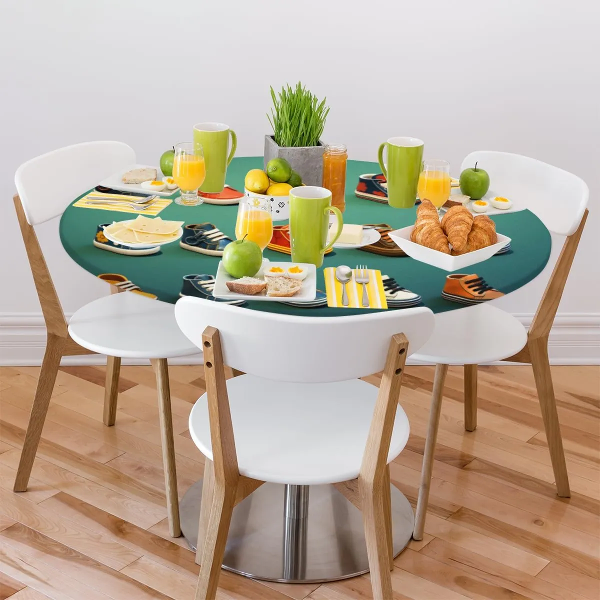 Round Tablecloth Shoe Pattern Elasticized Edges Water and Stain Resistant Suitable for Indoor and Outdoor Use Fits 45-56 Inch Diameter Round Tables Deep Green
