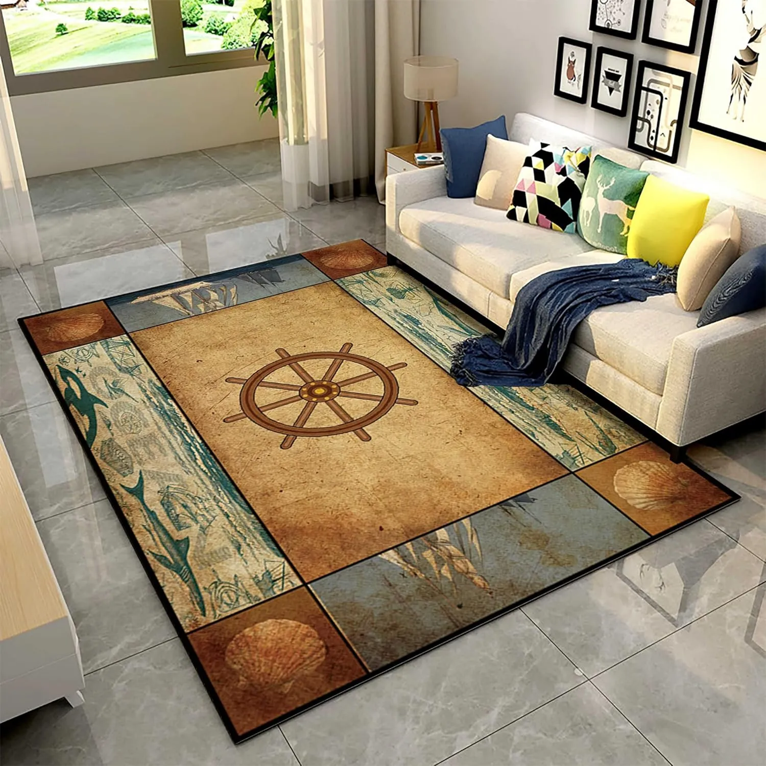Rudder Area Rug,3x4ft,Rustic Farmhouse Style Nautical Scene Adventure Lighthouse Rugs,Coastal Sailboat Theme Decoration with Non-Slip Backing for Living Room Bedroom Kitchen