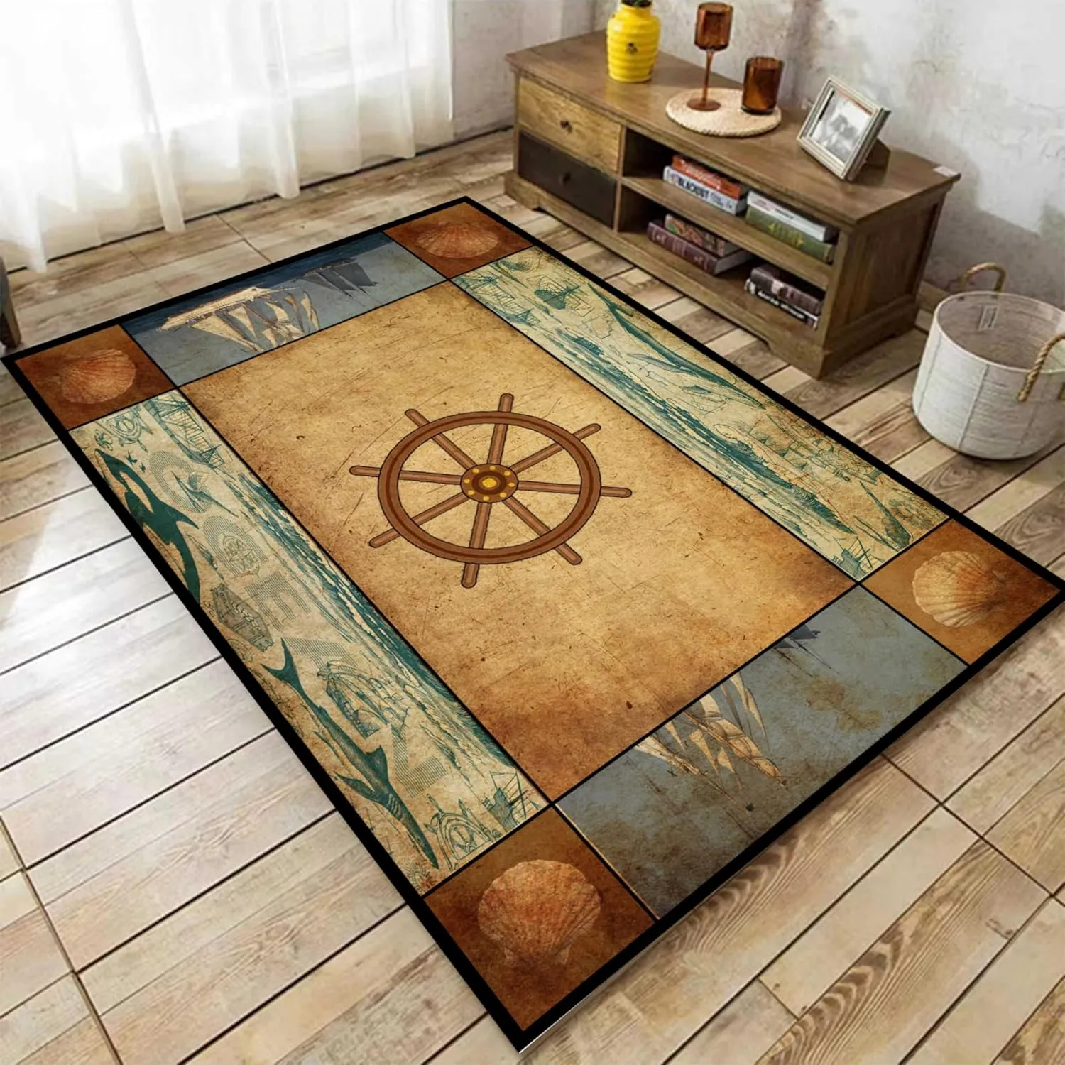 Rudder Area Rug,3x4ft,Rustic Farmhouse Style Nautical Scene Adventure Lighthouse Rugs,Coastal Sailboat Theme Decoration with Non-Slip Backing for Living Room Bedroom Kitchen