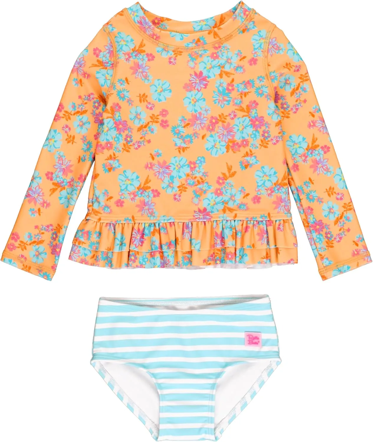 RuffleButts Vibrant Valley Long Sleeve Ruffle Hem Rash Guard 2-Piece - 3T