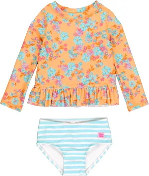 RuffleButts Vibrant Valley Long Sleeve Ruffle Hem Rash Guard 2-Piece - 3T