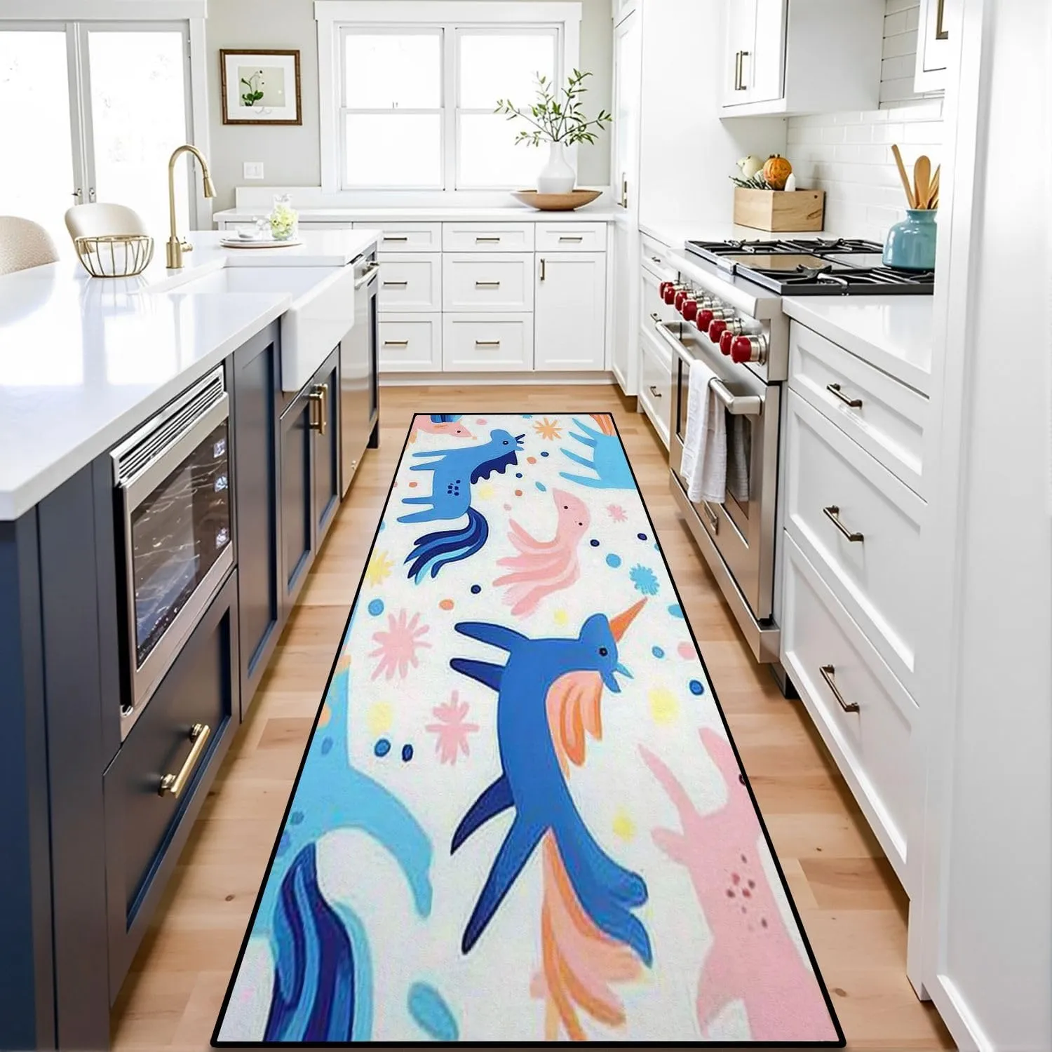 Runner Rug Washable 2x8 Seamless Cute Flat Magic Animals Stars Doodles Flat Texture for Non-Slip Hallway Area Rug Indoor Outdoor Home Decor for Entryway Bathroom Kitchen Carpet Yoga Floor Mat