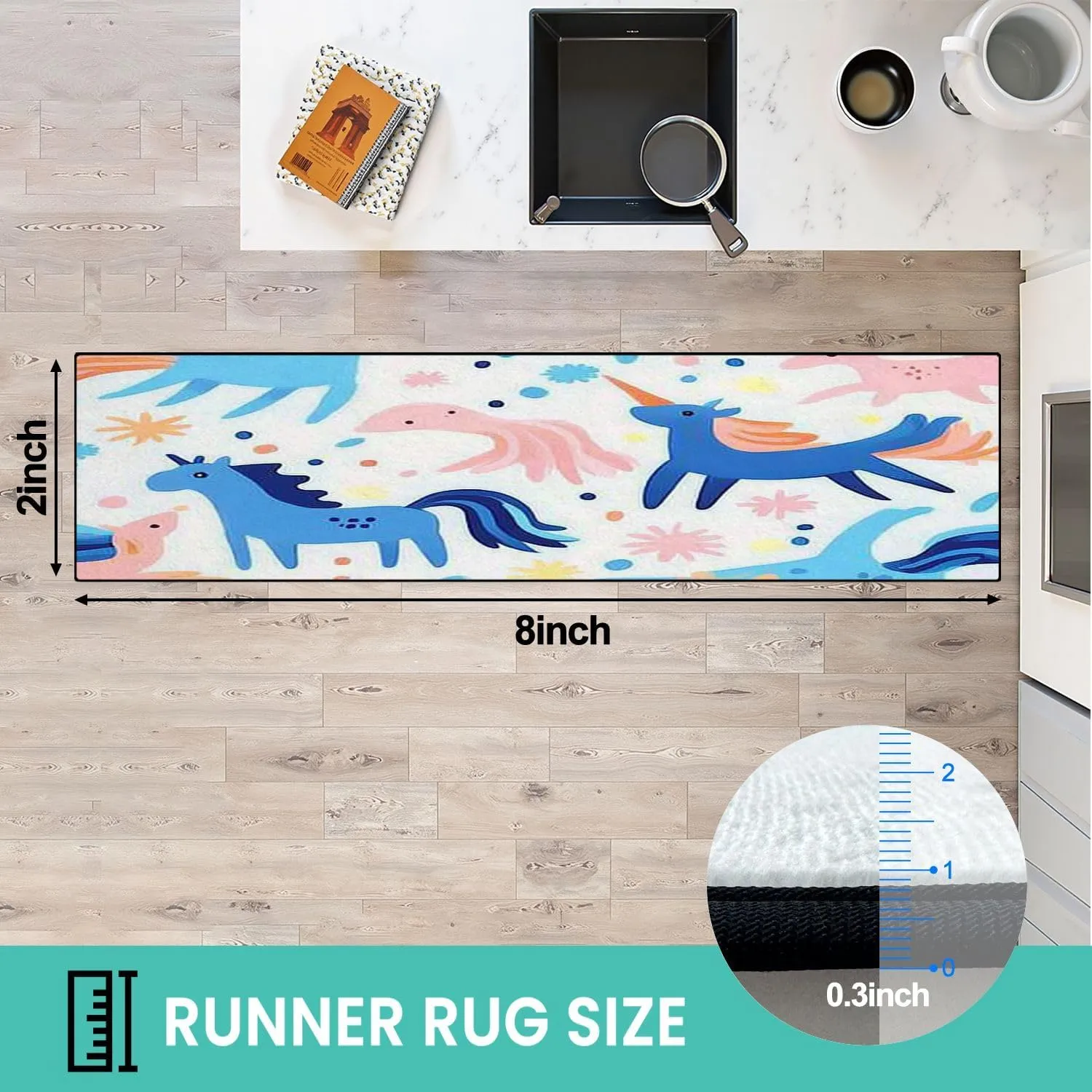 Runner Rug Washable 2x8 Seamless Cute Flat Magic Animals Stars Doodles Flat Texture for Non-Slip Hallway Area Rug Indoor Outdoor Home Decor for Entryway Bathroom Kitchen Carpet Yoga Floor Mat