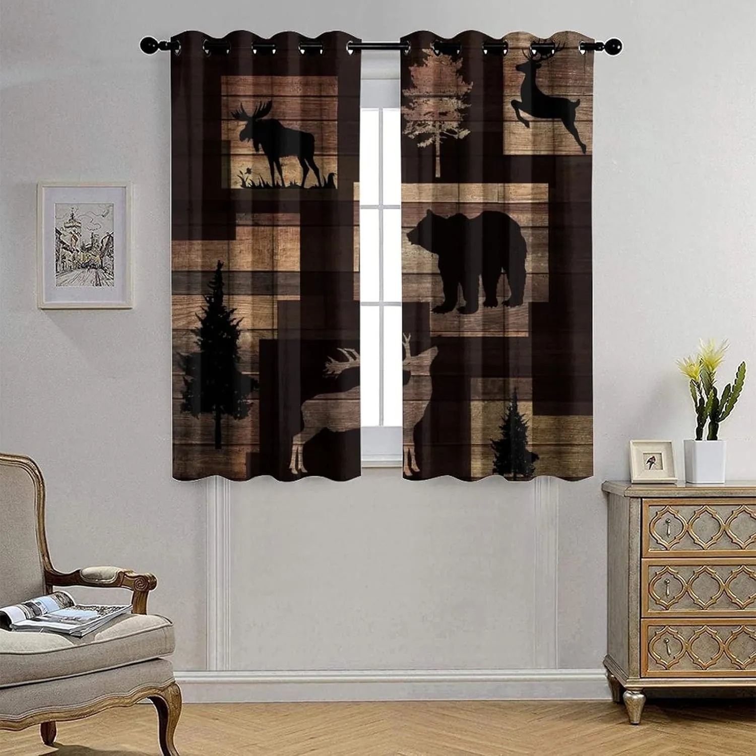 Rustic Lodge Cabin Curtains - Abstract Vintage Jungle Wildlife Elk Deer Tree Bear Window Treatment Room Darkening Blackout Curtains Thermal Insulated Grommet Curtains for Bedroom 2 Panels 63L x 27.5W