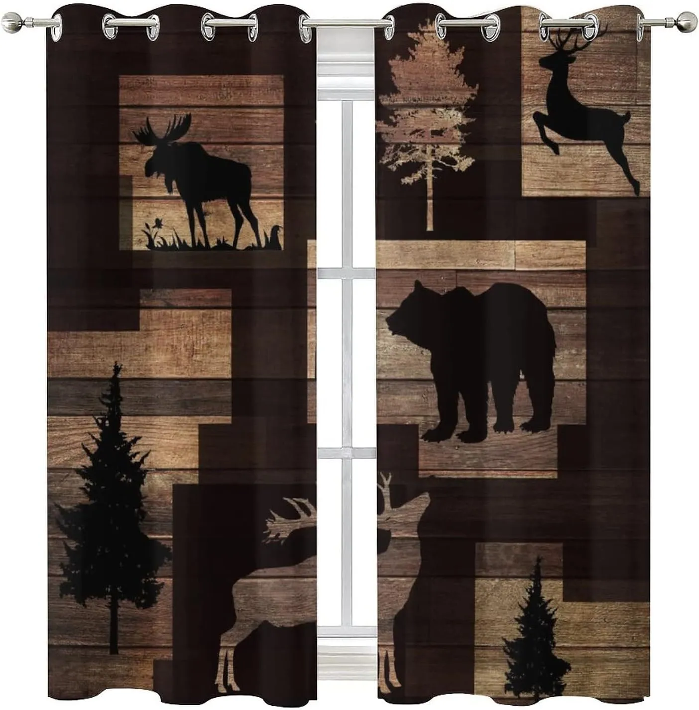 Rustic Lodge Cabin Curtains - Abstract Vintage Jungle Wildlife Elk Deer Tree Bear Window Treatment Room Darkening Blackout Curtains Thermal Insulated Grommet Curtains for Bedroom 2 Panels 63L x 27.5W