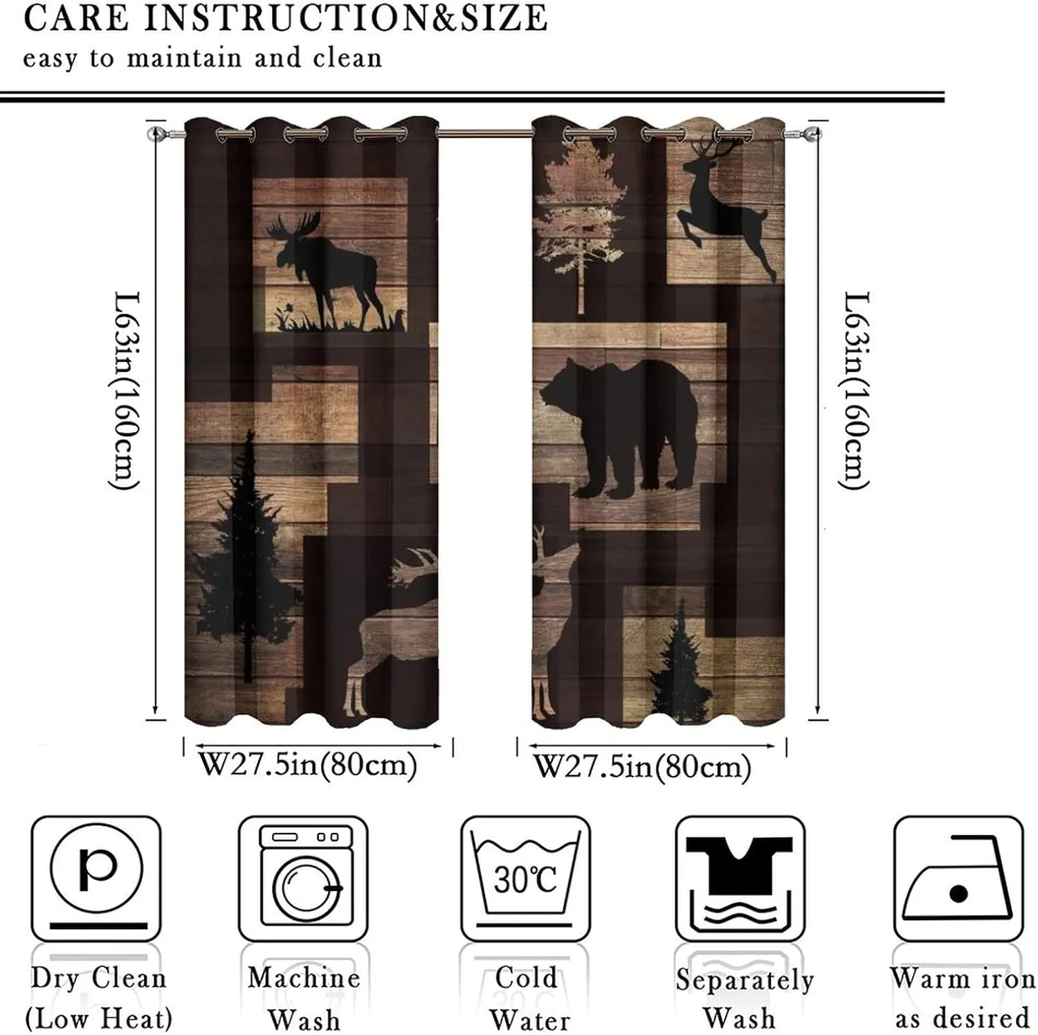 Rustic Lodge Cabin Curtains - Abstract Vintage Jungle Wildlife Elk Deer Tree Bear Window Treatment Room Darkening Blackout Curtains Thermal Insulated Grommet Curtains for Bedroom 2 Panels 63L x 27.5W