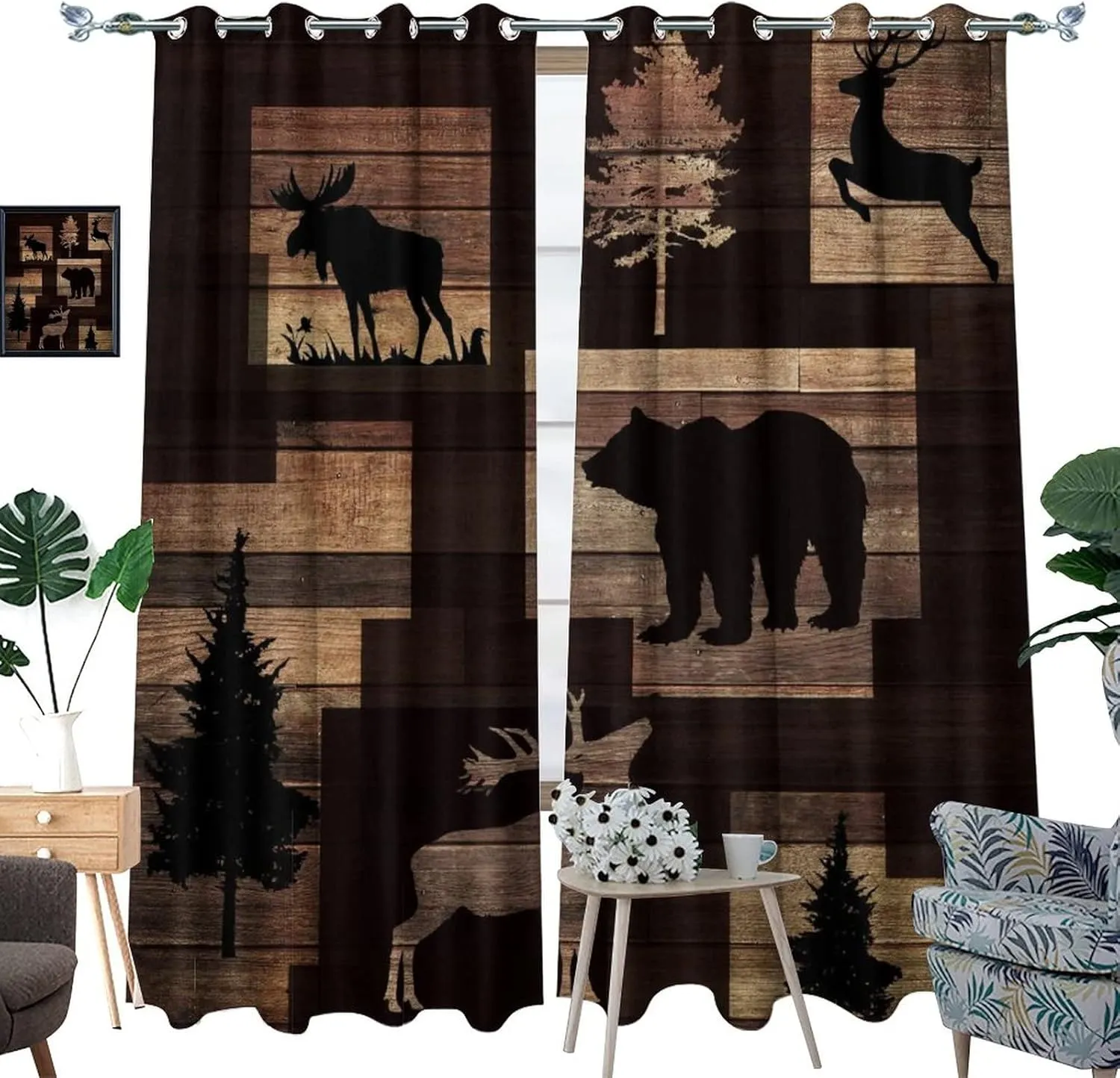 Rustic Lodge Cabin Curtains - Abstract Vintage Jungle Wildlife Elk Deer Tree Bear Window Treatment Room Darkening Blackout Curtains Thermal Insulated Grommet Curtains for Bedroom 2 Panels 63L x 27.5W