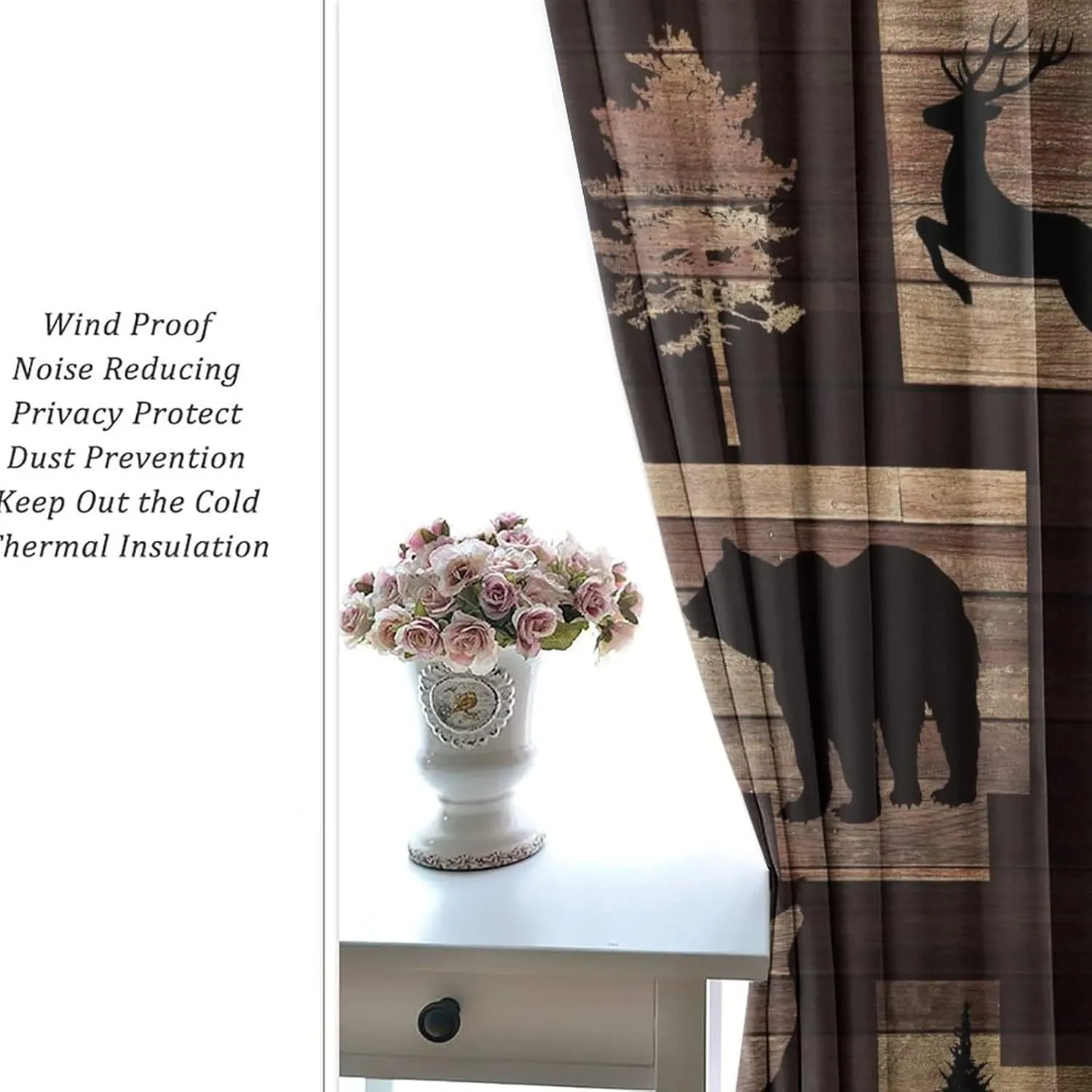 Rustic Lodge Cabin Curtains - Abstract Vintage Jungle Wildlife Elk Deer Tree Bear Window Treatment Room Darkening Blackout Curtains Thermal Insulated Grommet Curtains for Bedroom 2 Panels 63L x 27.5W