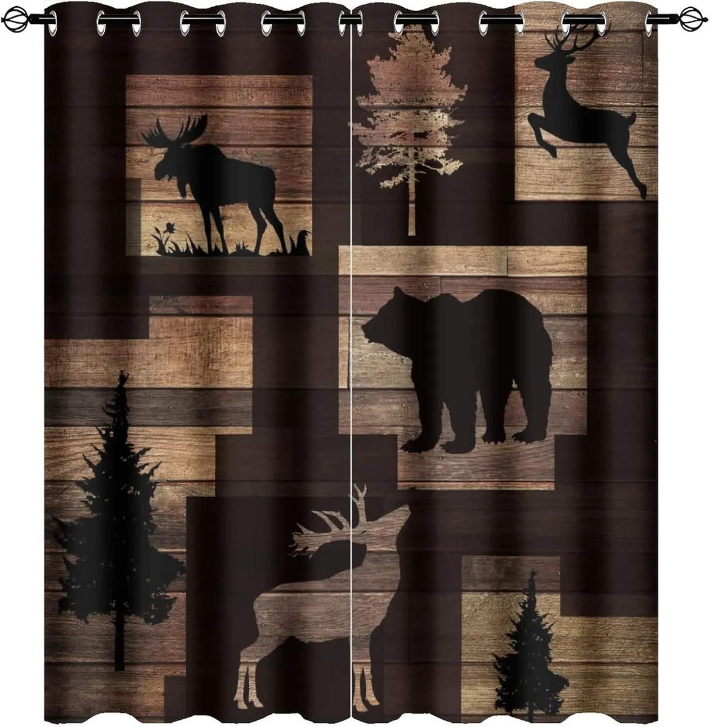 Rustic Lodge Cabin Curtains - Abstract Vintage Jungle Wildlife Elk Deer Tree Bear Window Treatment Room Darkening Blackout Curtains Thermal Insulated Grommet Curtains for Bedroom 2 Panels 63L x 27.5W